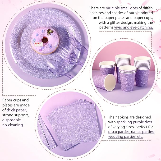 Hushee 350 Pcs Pastel Purple Holographic Print Party Supplies Guests Disposable Dinnerware Set Include Paper Plates, Napkins, Cups, Plastic Cutlery for Wedding Birthday Disco Bachelorette