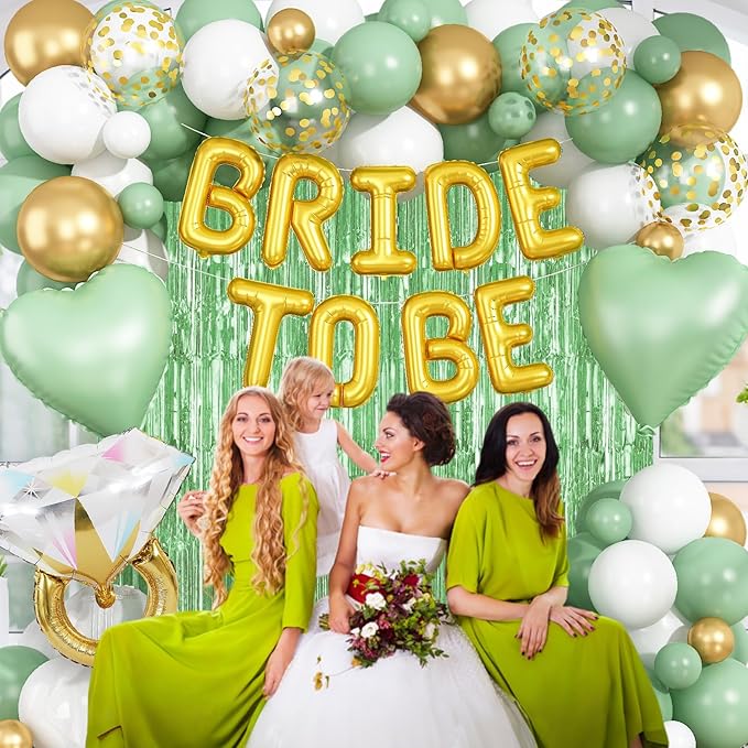 Sage Green Bachelorette Party Decorations, Bride To Be Helium Mylar Foil Letter Balloons with White Gold Camp Latex Balloons and for Bridal Shower Decoration Engagement Hen Wedding Party Decor