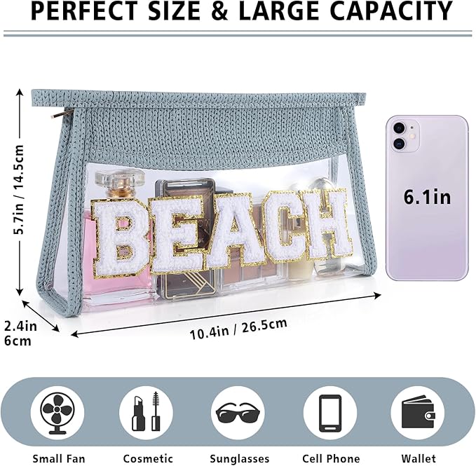 Beach Pouch Sunscreen Clear Makeup Bag Chenille Letter Beach Cosmetic Pouch Summer Essential Cute Toiletry Pouch Travel Accessories Gifts for Women