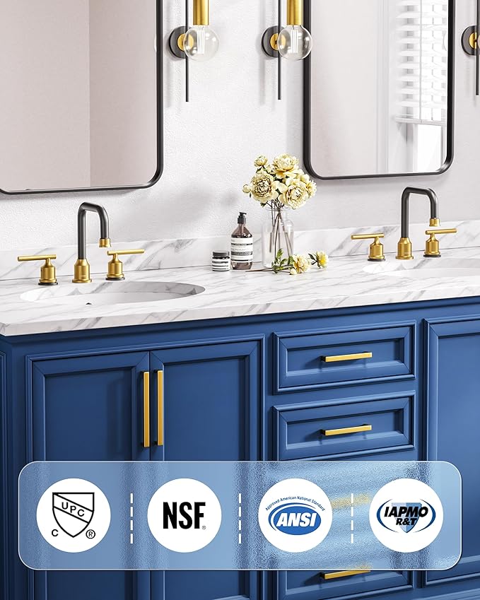 WOWOW Widespread Bathroom Faucet 3 Hole Bathroom Sink Faucet 2 Handle Vanity Faucet 8 Inch with Pop-Up Drain Black and Gold