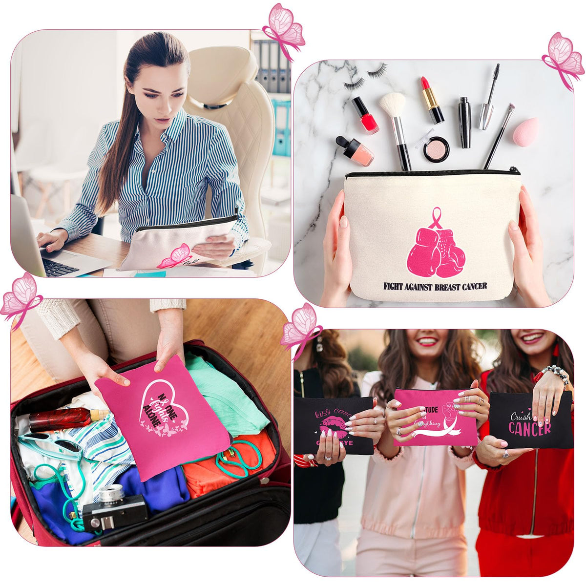 Xuniea Breast Cancer Awareness Bag Pink Ribbon Travel Makeup Pouch Breast Cancer Cosmetic Pouch Portable Canvas Breast Cancer Gift Bag for Vacation Travel Women Breast Cancer Awareness Party (24 Pcs)
