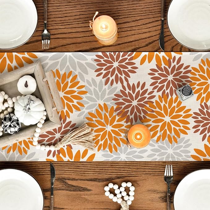 Artoid Mode Orange Dahlia Floral Pinnata Fall Table Runner, Seasonal Autumn Thanksgiving Kitchen Dining Table Decoration for Home Party Decor 13x36 Inch