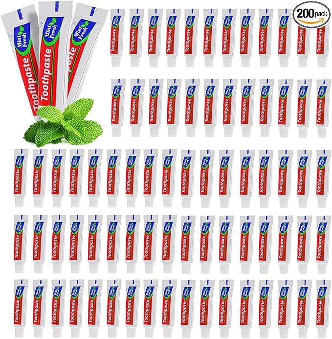 HOIQIRY 200 Tubes Extra Small Travel Size Toothpast Bulk,Mini 0.176 oz/5 Grams Small Disposable Toothpaste Mint Single Use Mini Bulk Toothpaste Travel Size for Hotel,Camping,Homeless,Charity,Guests