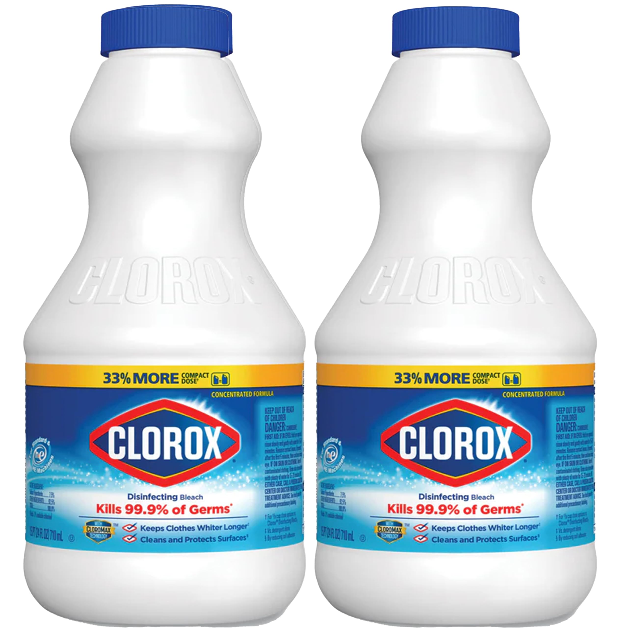 Clorox Regular Disinfecting Bleach Cleaner, 2 Pack Concentrated Liquid Bleach, Removes Mold, Mildew and Stains, Whitens, for Multi Purpose Cleaning and Laundry, 24 oz Bottles