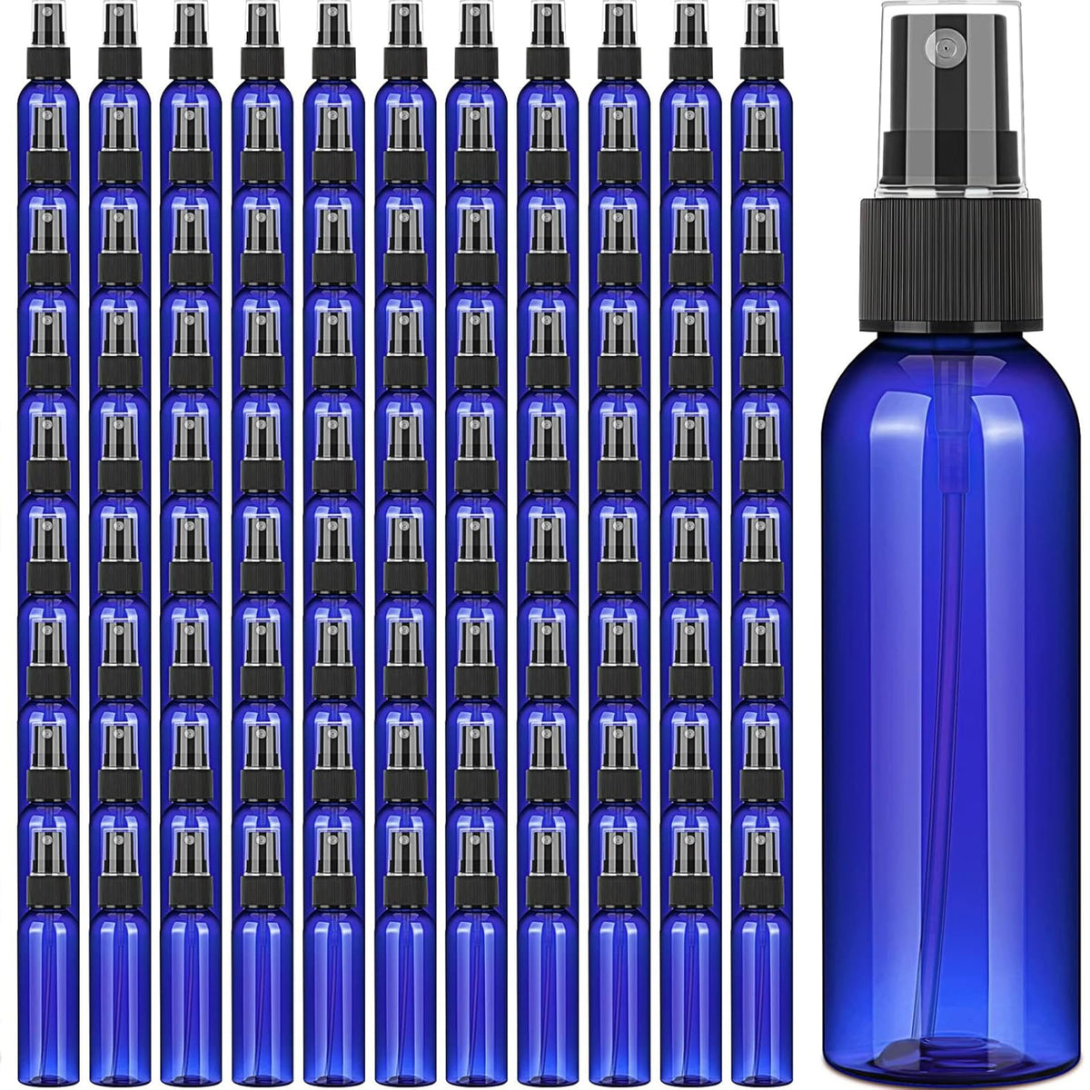 TREEHAC 100 Pack 2 Oz Plastic Mini Spray Bottles with Refillable Mist Sprayer for Travel and Household Use for Perfume Essential Oils Cleaning(Blue)