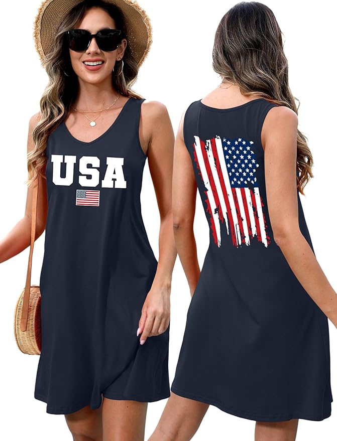LHBNK 4th of July Dress for Women: American Flag Tank Dresses Star Striped Splicing Loose V Neck Sundresses