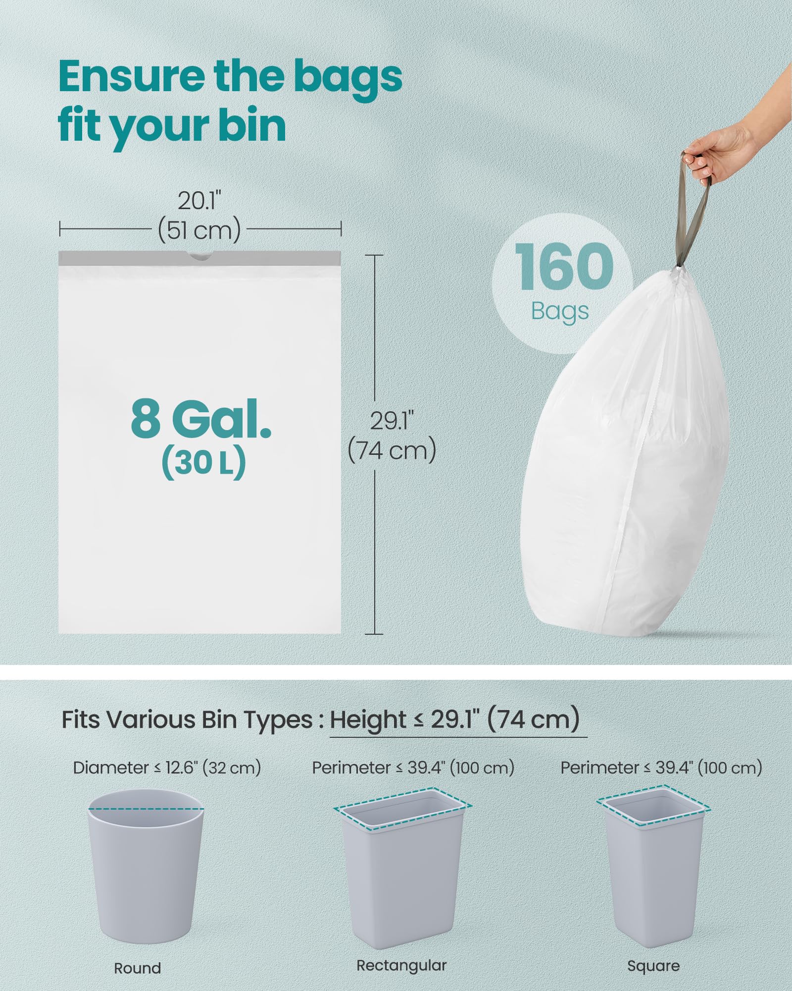 SONGMICS Trash Bags, Drawstring Kitchen Garbage Bags, Pre-Separated, Quick-Dispense Box, for 8-Gallon (30 L) Trash Cans, Liner Code H, 4 Rolls, 160 Count, White UKRB031A04