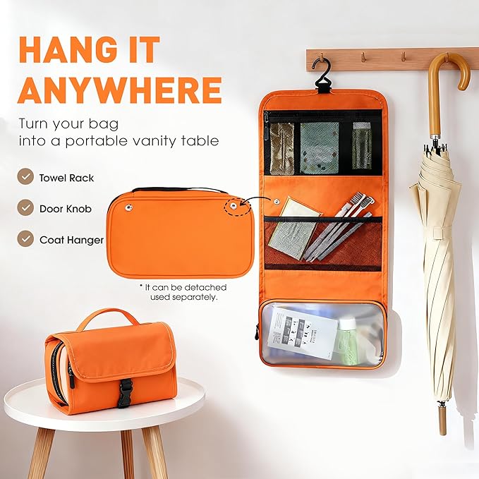 Toncoke Travel Toiletry Bag Set, Hanging Toiletry Bag Premium Faux Leather, Toiletry Bag for Women & Men, Travel Essentials Makeup Bag Water-resistant, Orange