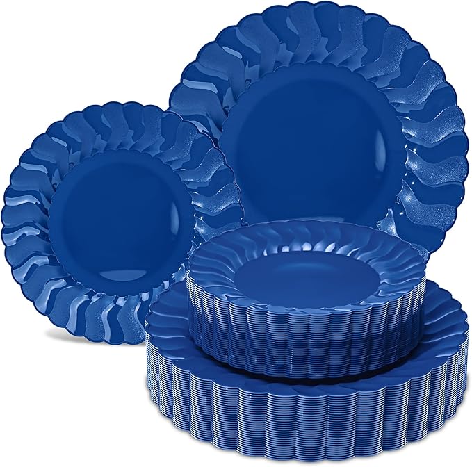 Lullaby 60PCS Navy Blue Scalloped Plastic Plates, Disposable Elegant Party Plates Include 30pcs Dinner Plate 10.25", 30pcs Plastic Dessert Plate 7.5", Perfect for Wedding and Party