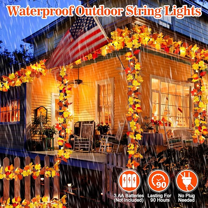 23.6Ft Thanksgiving Decorations Fall Decor for Home Lighted Fall Garland Maple Leaves Total 80 LED Fall Decorations for Home Halloween Decorations Outdoor String Lights for Autumn Decor Harvest