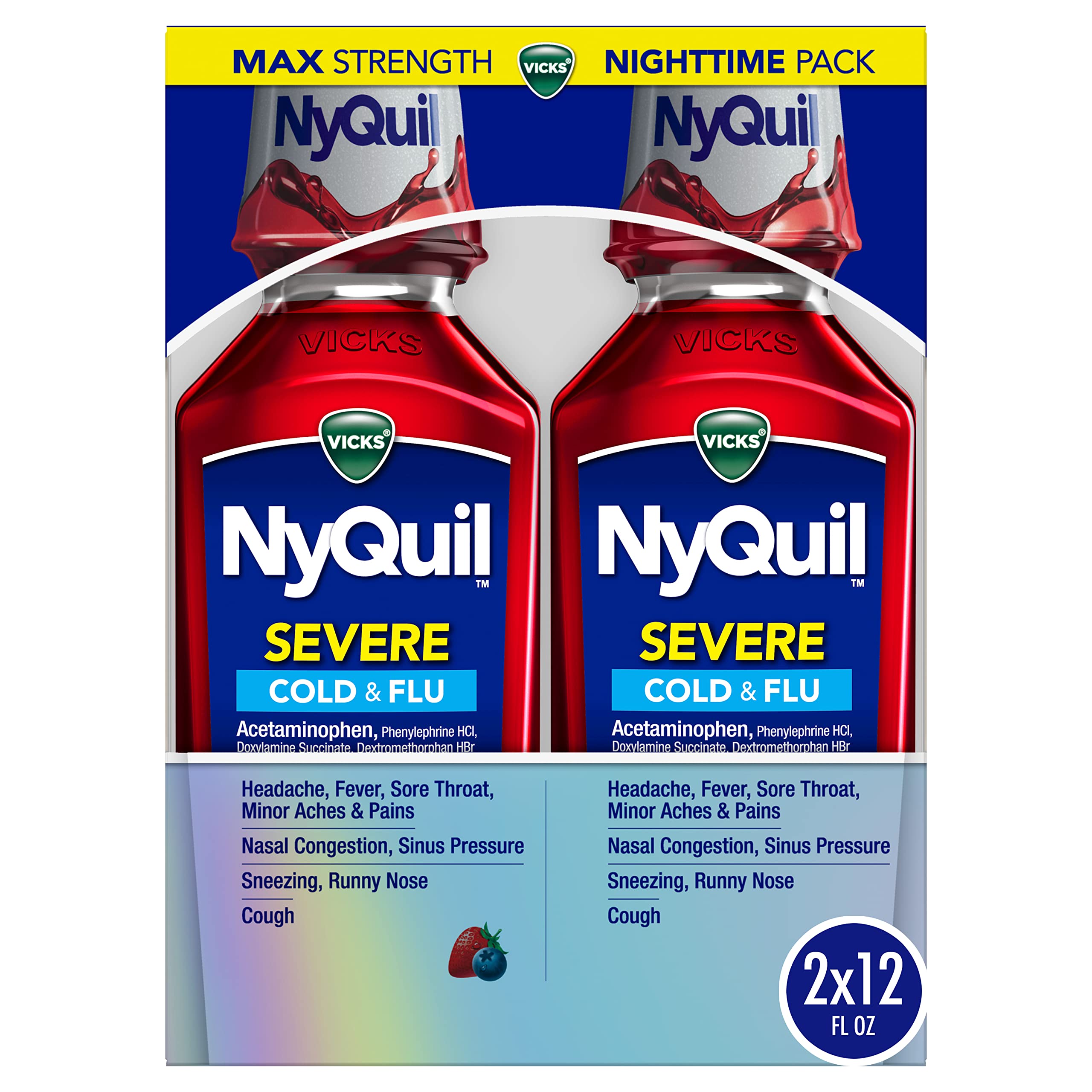 Vicks NyQuil SEVERE Cold & Flu Liquid Twin Pack, Nighttime Relief Medicine for Headache, Fever, Sore Throat, Minor Aches & Pains, Nasal Congestion, Sneezing, Runny Nose, Cough, Berry Flavor, 2x12 OZ
