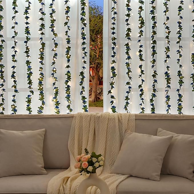 MARTINE MALL Flower Garland Rose Vines, 8 Strands 66Ft Flowers Vines for Bedroom, Rose Flower Garland Decoration, Sapphire Rose Floral Garland for Room Table Birthday Wedding Party Garden Wall Decor