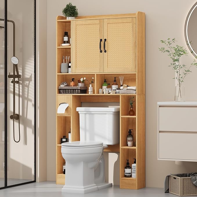 Vabches Farmhouse Style Rattan Over-The-Toilet Storage Cabinet with 2 Rattan Doors, Toilet Paper Holder - Space-Saving Oak Bathroom Organizer.