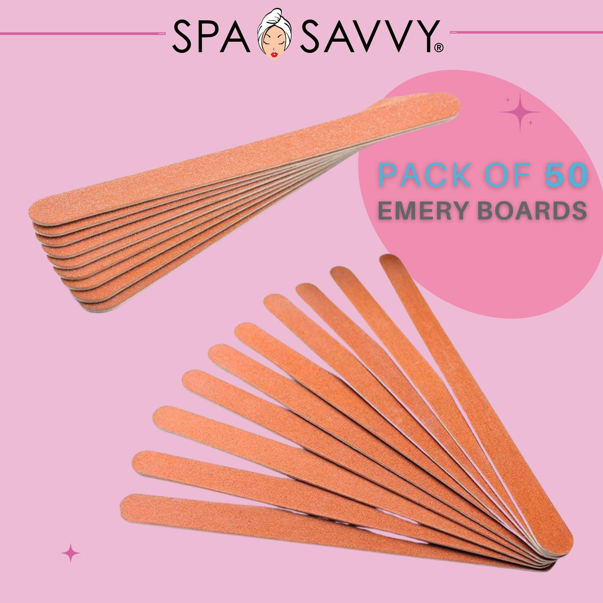 Spa Savvy Nail File Set, 50 Count, Double Sided 4.5 Inch Emery Boards for Regular, Gel, and Acrylic Nails, Pedicure and Manicure Tools