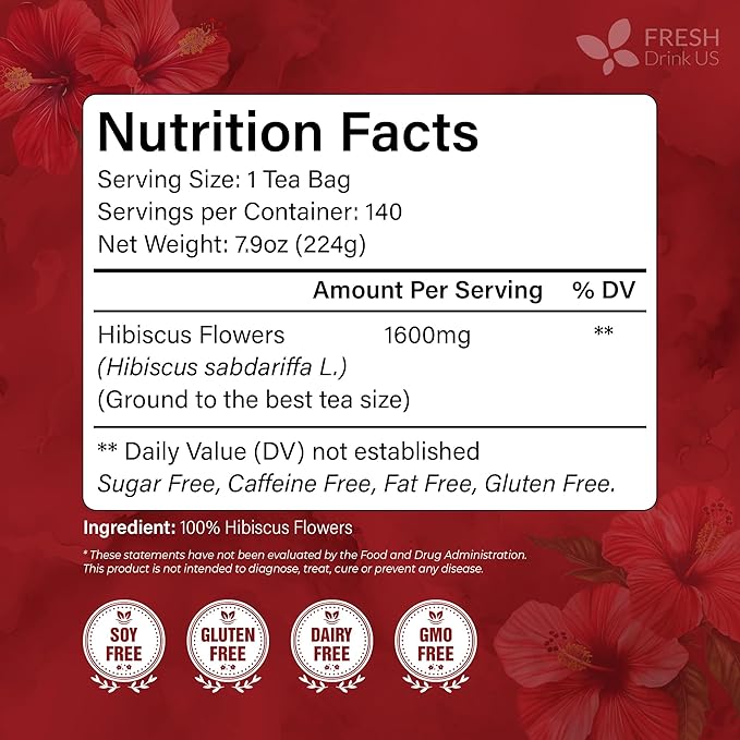 FreshDrinkUS, Premium 140 Hibiscus Flowers Tea Bags, 100% Natural, Handmade & Pure from Hibiscus Flowers. No Sugar/Caffeine/Gluten, Vegan. Tart & Refreshing, Hot or Ice Tea, Great For All Seasons