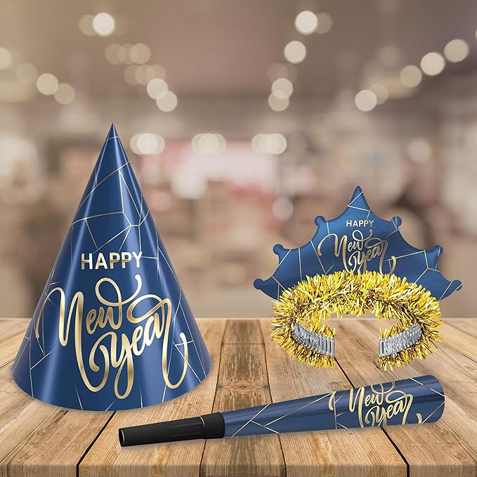 Beistle Midnight Blue New Year Party Kit for 10 – Celebration Set of NYE Accessories, Cone Hats, Fringed Tiaras & Foil Horns, Elegant Metallic Navy & Gold New Year’s Eve Countdown Headwear Supplies