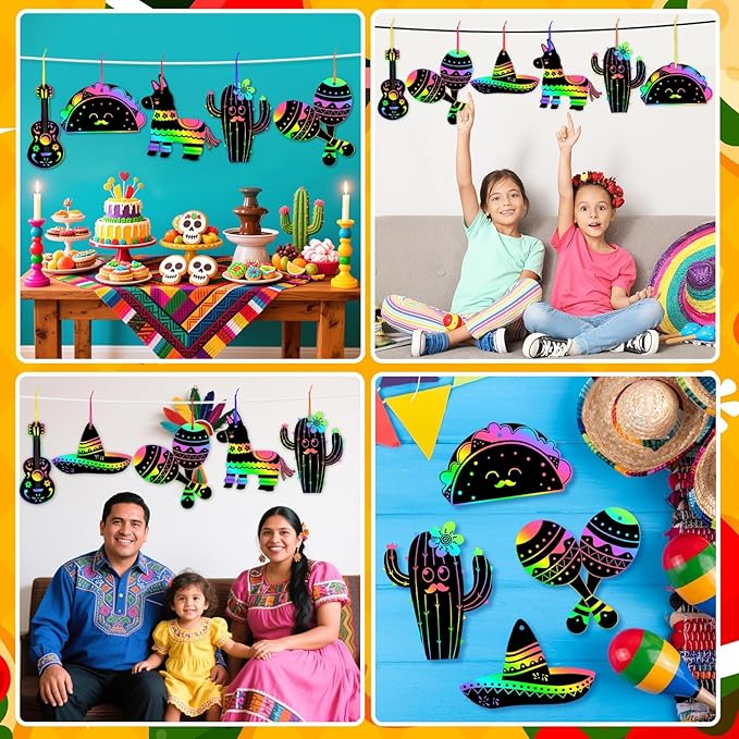 JULMELON 36 PCS Mexican Crafts for Kids, Rainbow Scratch Art for Kids Mexican Fiesta Gifts DIY Magic Color Fiesta Scratch Cards for Mexican Fiesta Party Favors Cinco De Mayo Party Decorations