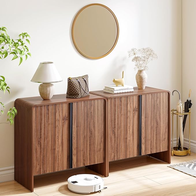 BERRYMERRY 2 Door Fluted Sideboard Buffet Cabinet with Storage, Modern Wood Cabinet with Adjustable Shelves for Living Room, Dining Room (Brown 6 Doors)