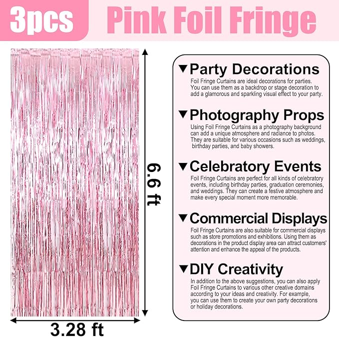 3 Pack Pink Foil Fringe Curtain Backdrop, 3.28Ft x 6.6Ft Metallic Tinsel Foil Fringe Streamer Curtains for Photo Booth, Christmas Day, Thanksgiving, Wedding, New Year Party Decorations