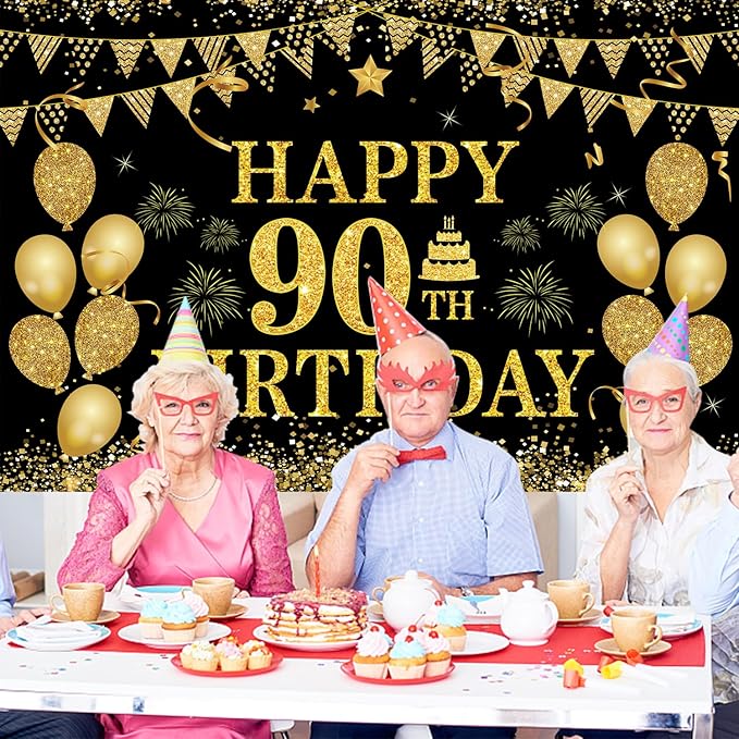 90th Birthday Decorations for Women Men - Happy 90th Birthday Banner Decorations Black Gold Welcome Background Sign for Cheers 90 Years Birthday Party Supplies Decor Indoor Outdoor (71 x 45 inch) ﻿