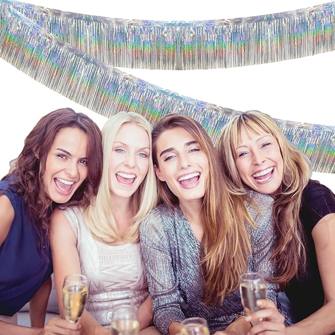 4 Packs 10 Feet Long Laser Silver Foil Fringe Garland Shiny Metallic Tinsel Wall Hanging Banner for Car Parade Birthday Parties Floats Wedding Baby Shower Ceremonies Bachelorette Garden Decorations