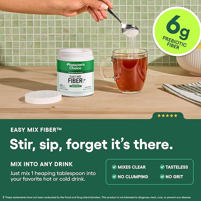 Physician's CHOICE Easy Mix Fiber for Digestive Health & Regularity - No Grit, Sugar Free, & Tasteless - Daily Prebiotic Soluble Fiber Powder Supplement for Women and Men - Unflavored - 7.1oz