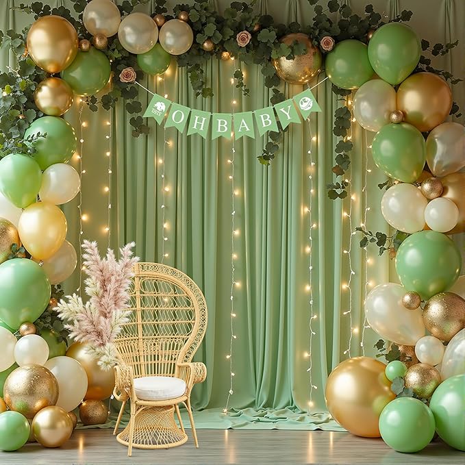 10 x 10ft Sage Green Backdrop Curtains with Lights String Green Polyester Photo Drapes Wrinkle Free Curtains Backdrop for Birthday Parties Wedding Reception Baby Shower Ceremony-5 x 10ft x 2P