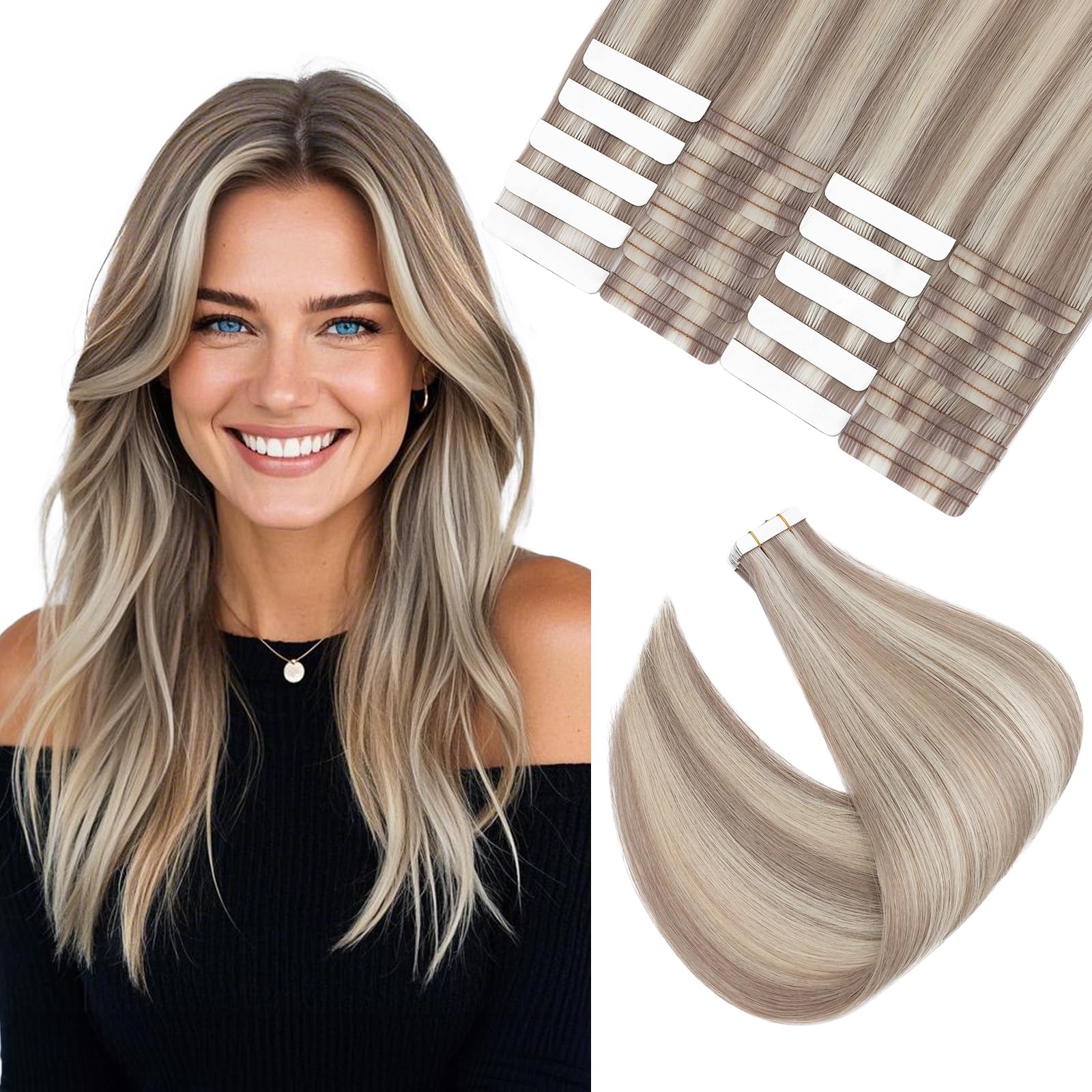 Elailite Tape in Hair Extensions Human Hair Thick Real Remy Hairpieces Ash Blonde & Bleach Blonde 14 Inch 40g 20pcs Straight Invisible Seamless Skin Weft Best Tape for Women