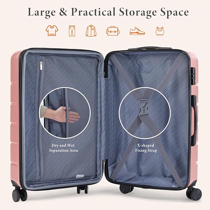 Sweetcrispy Carry on Suitcase, Luggage with Spinner Wheels, Hard Shell ABS, TSA Lock, 24 Inch Pink