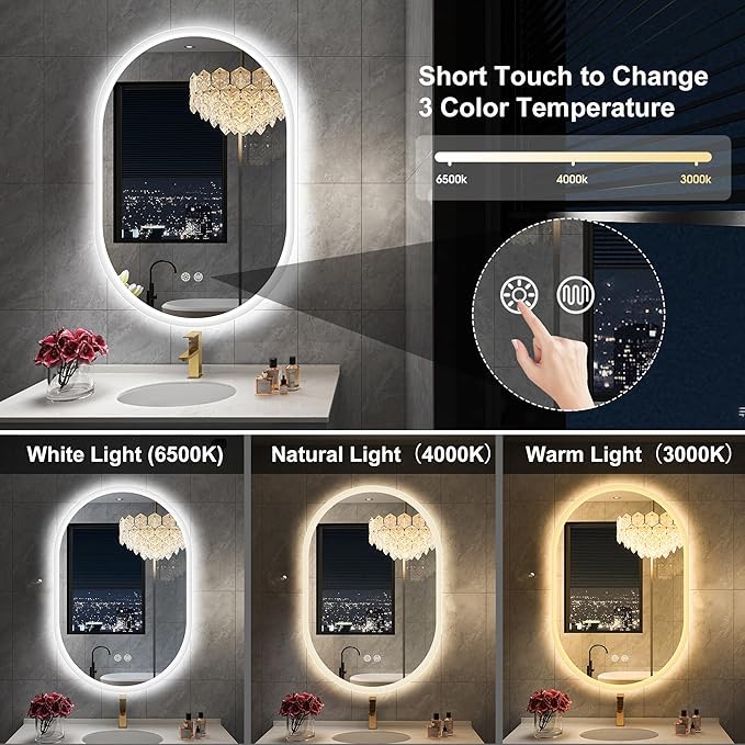 S'bagno 24x36 Inch Oval LED Mirror for Bathroom with Front and Backlight, Anti-Fog, 3 Colors Temperature & Dimmable, Bathroom Mirror with Lights with Memory Function, Waterproof, Shatter-Proof