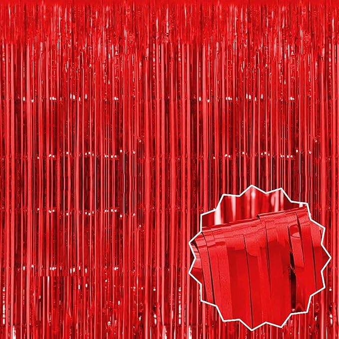6 Pack Red Foil Fringe Curtains Backdrop, 3.28 x 9.8 Ft Metallic Streamers Tinsel Curtains Background for Photo Booth, Birthday, Halloween, Christmas, Thanksgiving, New Year Party Decorations