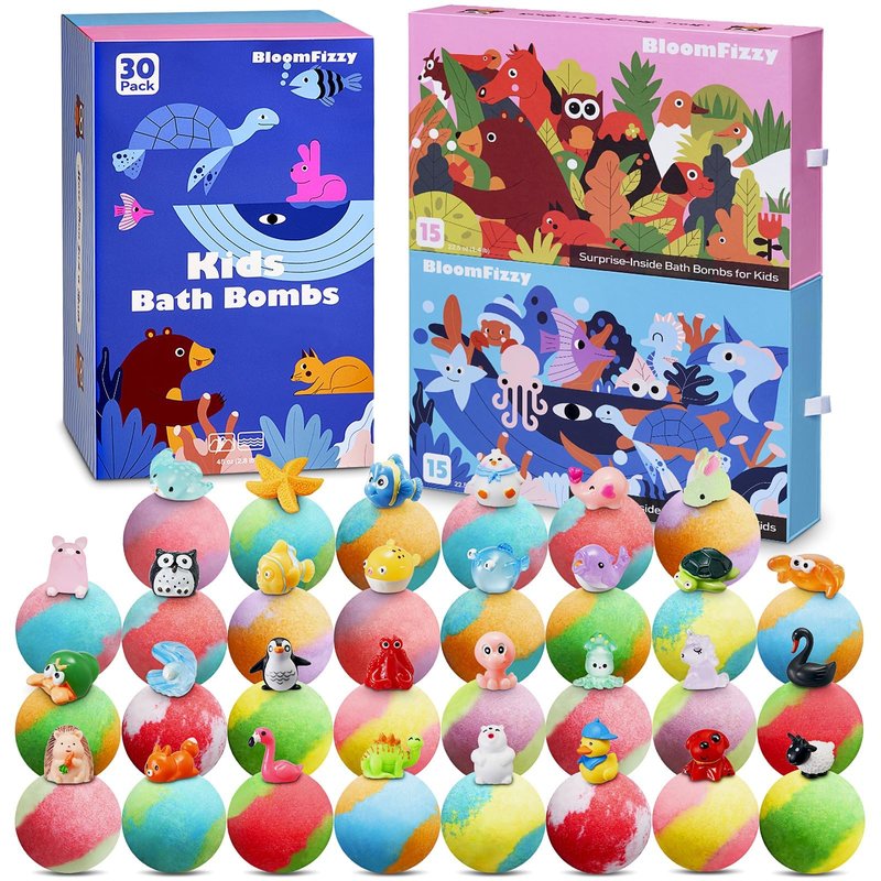 30 Kids Bath Bombs with Surprise Inside – Gift Set with 30 Unique Land & Sea Animal Toys, Fun, Educational, and Child-Safe Natural Bath Bombs with Toys, Great Gift for Kids’ Birthdays & Christmas