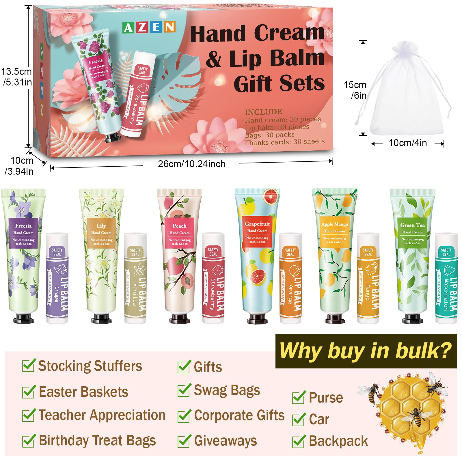 AZEN 30 Sets Bulk Gifts, Hand Cream and Lip Balm Bulk Set with Organza Bag Thank You Card, Baby Shower Wedding Gifts for Guests, Bridal Wedding Favors