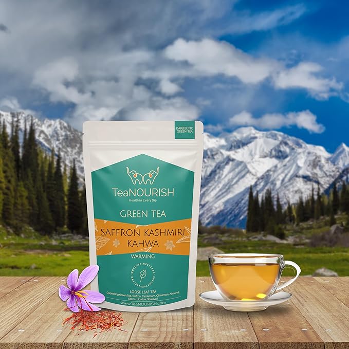 TeaNOURISH Saffron Kashmiri Kahwa | Loose Leaf Green Tea | Saffron, Cardamom, Cinnamon, Almond | Warming & Soothing | Improves Digestion, Boosts Immunity - 3.53oz/100g