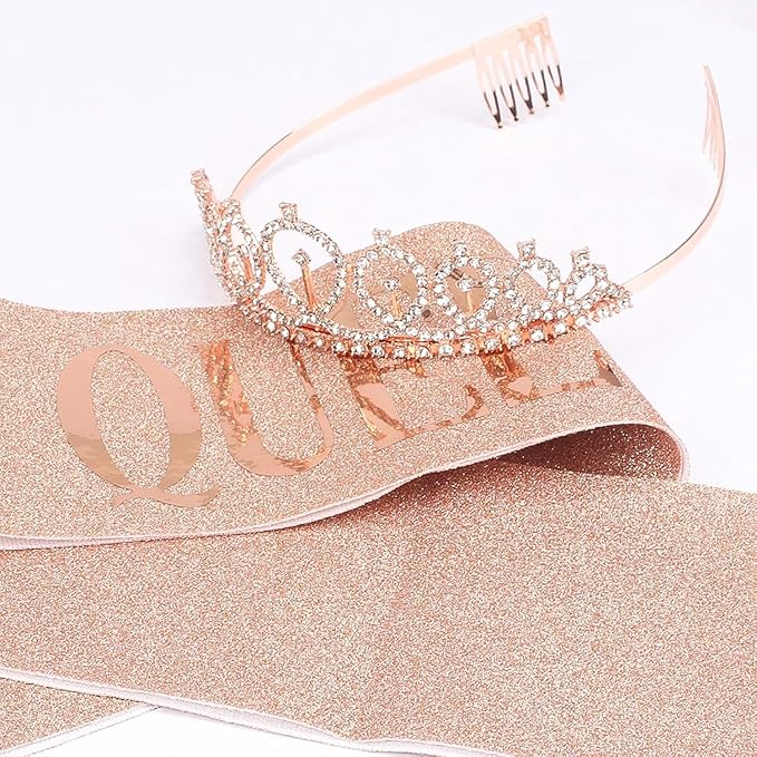 Birthday Decorations for Women – Includes Birthday Sash, Safety Pin, Tiara, Cake Topper, and Button – Queen Sash & Crown for Women and Girls MS4U (Gold Rose)