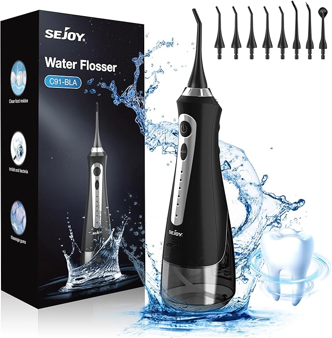 Sejoy Water Flossers for Teeth, Water Flosser Cordless Rechargeable, Water Flosser for Braces for Kids Travel, for Teeth Cleaning, 5 Cleaning Modes 8 Jet Tips, IPX7 Waterproof, 230ml