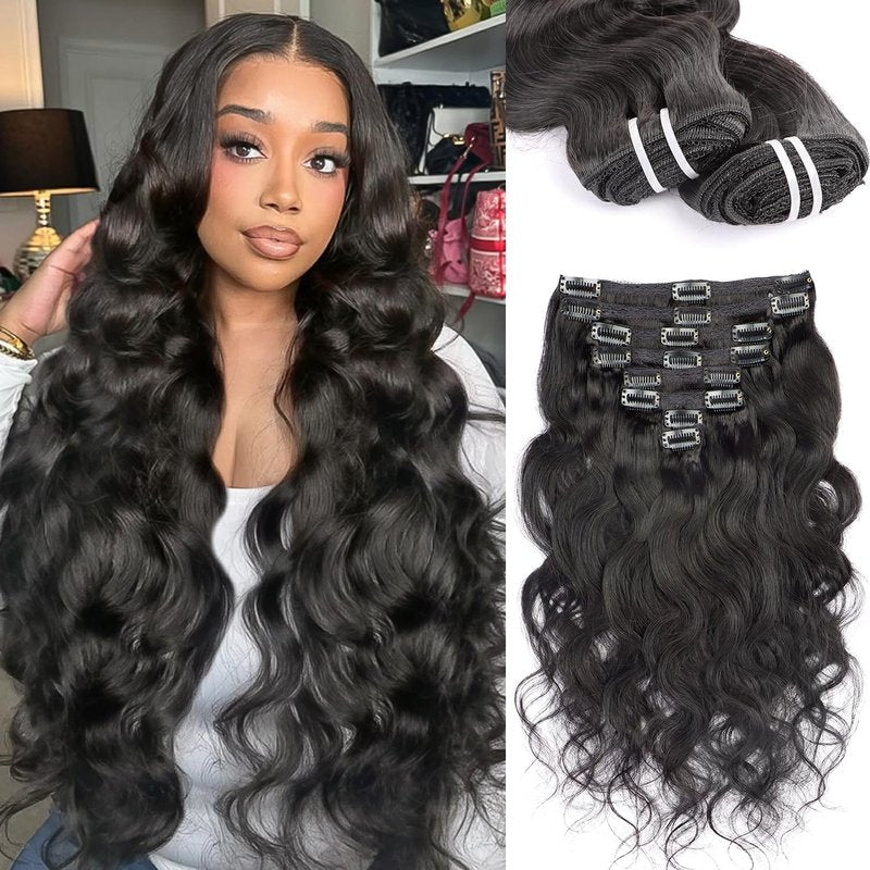 Clip in Hair Extensions Real Human Hair Extensions Clip Ins 95 Gram Body Wave 18 Inch 8Pcs Natural Black 100% Human Hair Extensions 18 Clips