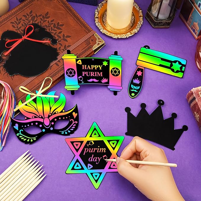 JULMELON 36PCS Purim Day Scratch Cards, Jewish Holiday Magic Color Rainbow Paper Purim Crafts for Kids DIY Art Painting Project Supplies for Purim Decorations School Classroom Activities