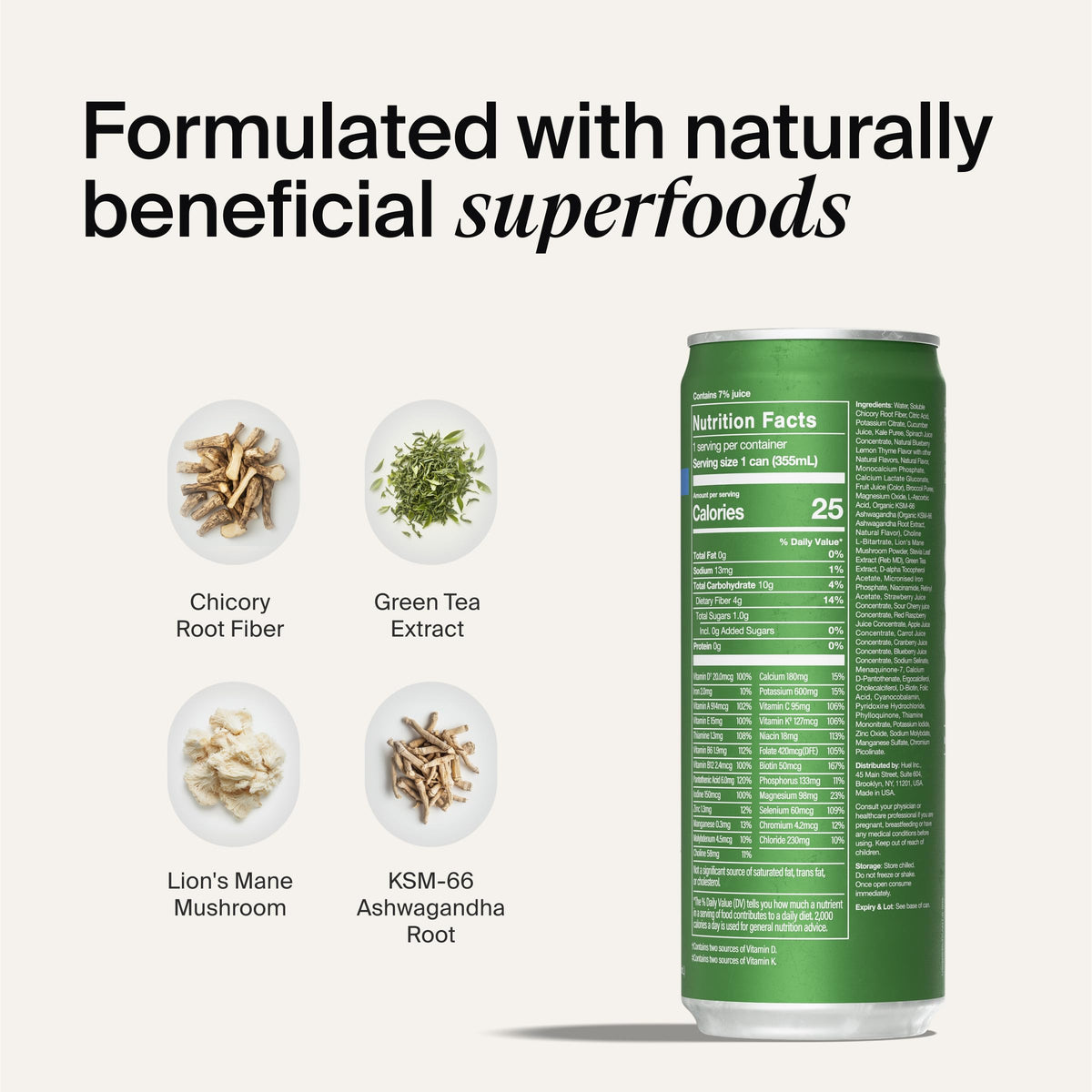 Huel Daily Greens Ready-to-Drink | Blueberry Lemon Thyme Superfood Greens | 42 Vitamins, Minerals, and Wholefood-Sourced Ingredients| Adaptogens, Antioxidants, Gut-Friendly Probiotics| 12 Fl Oz, 12 Pk