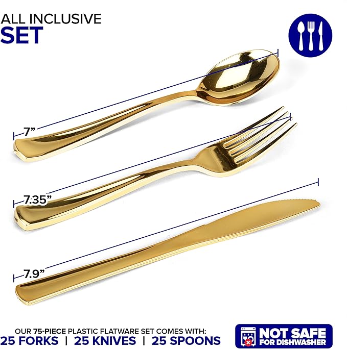 75 Pieces Heavy Duty (Gold) Plastic Silverware Set, Disposable Cutlery Set, Great for Parties, Weddings, and Catering, Flatware Utensils Included: 25 Forks, 25 Spoons, 25 Knives, Stock Your Home