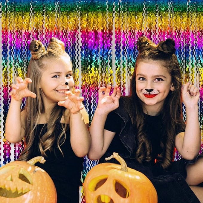4 Pack Rainbow Wave Foil Fringe Curtain Backdrop, 3.28Ft x 8.2Ft Metallic Tinsel Foil Fringe Streamer Curtains for Photo Booth, Mother's Day, Easter, Birthday, Wedding Party Decoration