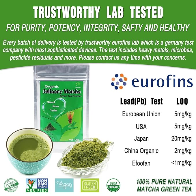 EFOOFAN Matcha Organic Green Tea Powder, Culinary Grade(3.53oz), USDA/JAS/EC Certified, Japanese Sencha Tea Flavor, Vegan and Sugar Free for Cooking, Baking or Candy