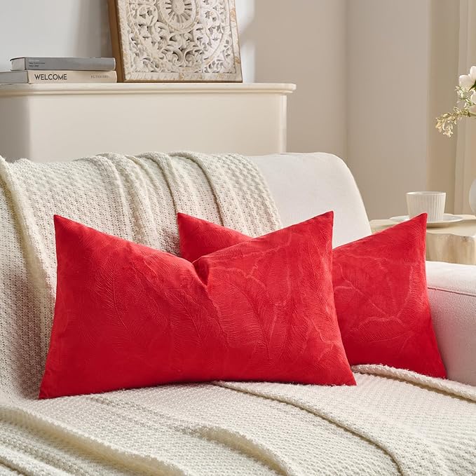 FUTEI Christmas Red Velvet Throw Pillow Covers 12x20 Inch Set of 2,Soft Embossed Leaf-Relief Textured Lumbar Pillow Cases,Natural Home Decor for Couch Living Room