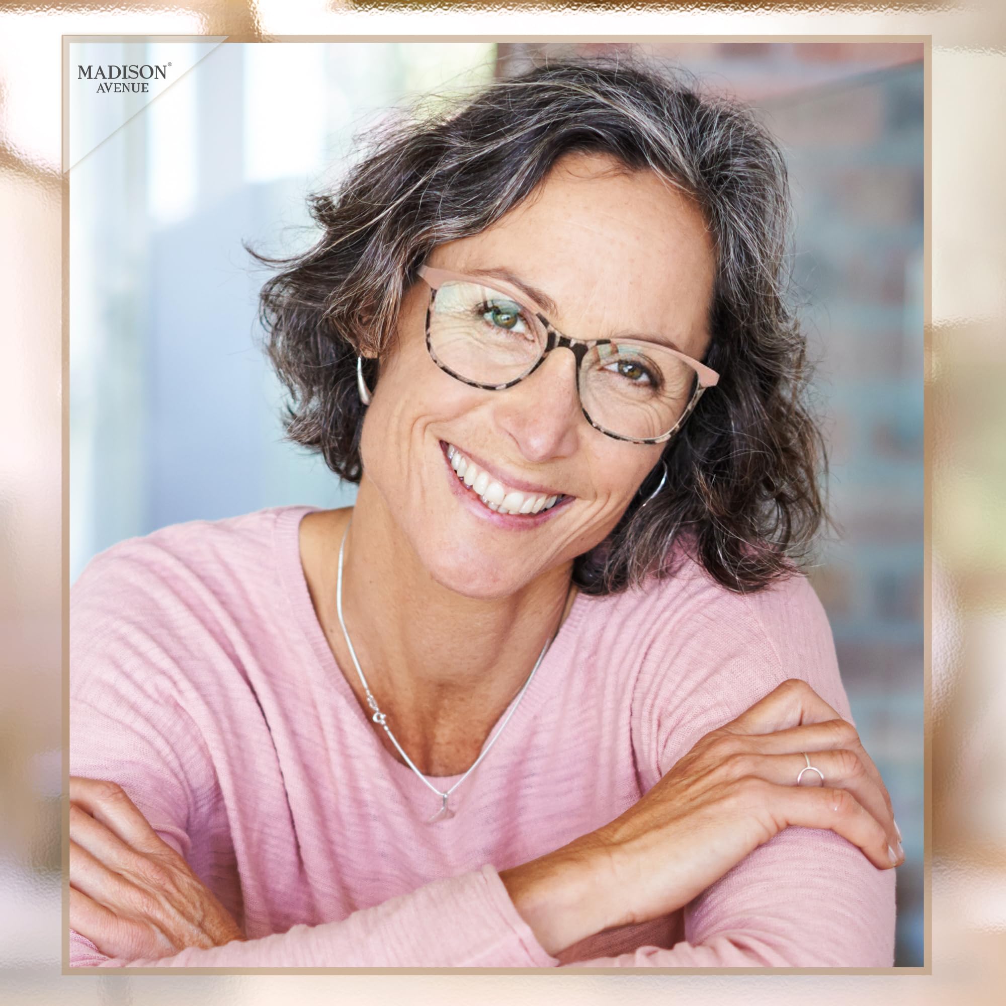 Madison Avenue Square Vintage TR90 Blue Light Blocking Reading Glasses for Women, Computer Readers Eyeglasses Pink Demi 2.25 Magnification
