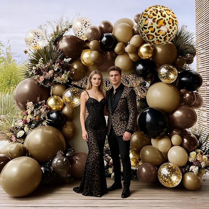 Brown Black Balloon Arch Double Stuffed Cheetah Birthday Balloon Garland Kit Coffee Tan Nude Gold Balloons for Cheetah Leopard Print Birthday Animal Jungle Neutral Baby Shower Wedding Wild Party Decor