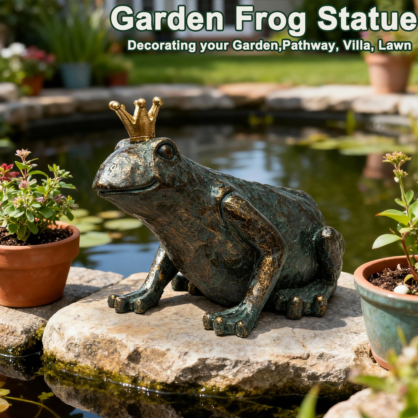 Lune cle Crouching Frog Prince Garden Statue, Yard Decorations Outdoor Decor, Weather-Resistant Animal Figurines & Sculptures for Patio & Porch, 11.5" L×8" H