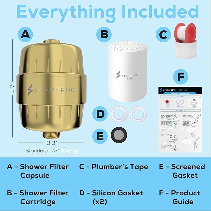 SparkPod 23 Stage Shower Head Filter for Dry Hair and Skin - High Output Universal Shower Filters to Remove Toxic Chemicals, Chlorine & Heavy Metals (Egyptian Gold)