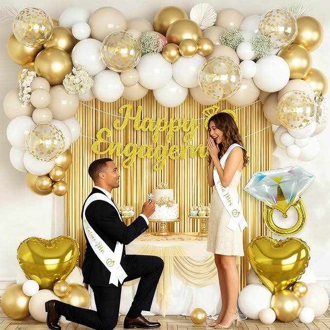 Gold Engagement Party Decorations, Just Engaged Decorations for Wedding Party, Bachelorette & Home Party, with Happy Engagement Banner, Foil Balloons, Sash, Fringe Curtain
