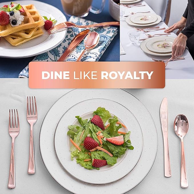 Rose Gold Plastic Silverware Set (1280 Bulk Pack) Disposable Cutlery Utensils, 80 Forks, 40 Knives, 40 Spoons, Heavy Duty Rose Gold Flatware For Holidays, Parties, Dinners, Weddings, and Occasions