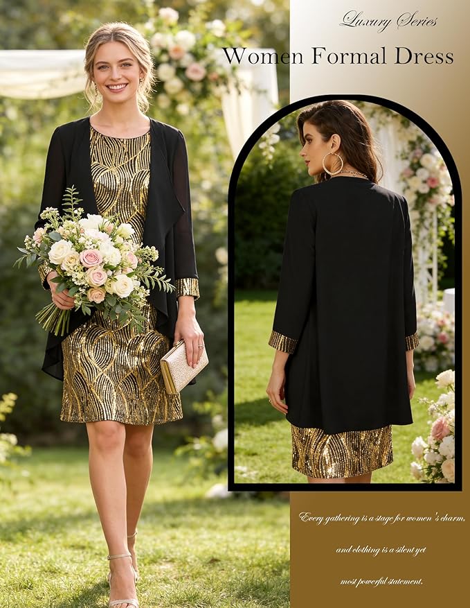 GRACE KARIN Women's Sequin Dress - Wedding Guest & Mother of The Bride Formal Dress - Two Piece Knee Length